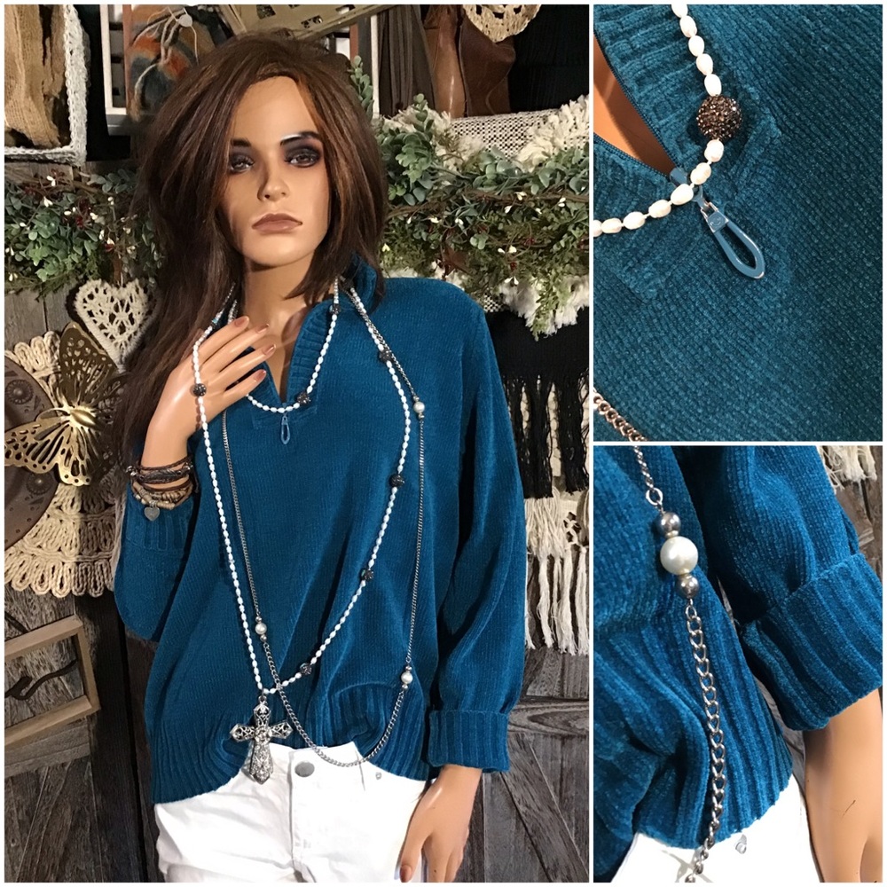 💋 Donating 💋 Vintage Prussian Blue Quarter Zip Popover Sweater